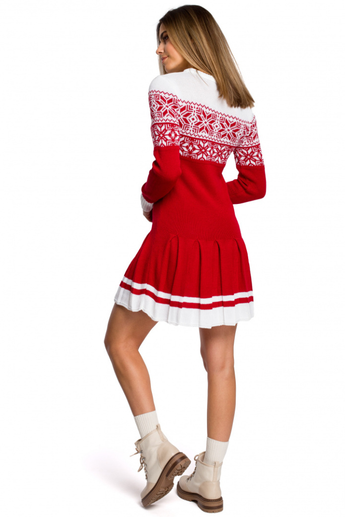 Sukienka Sweterkowa Świąteczna Rozkloszowana Długi Rękaw - czerwona
